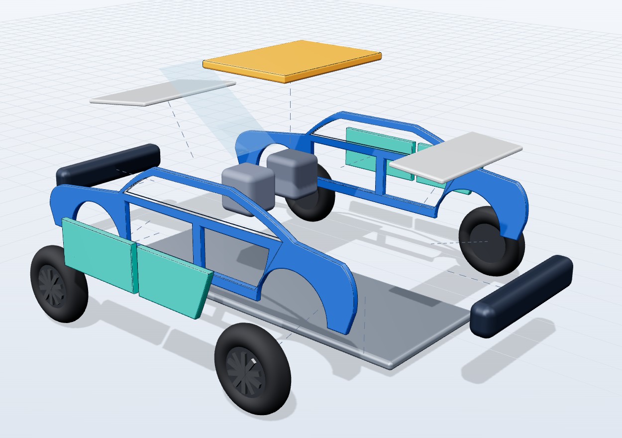 Exploded 3D view of a car showing body sides, doors, roof, hood, bumpers and wheels